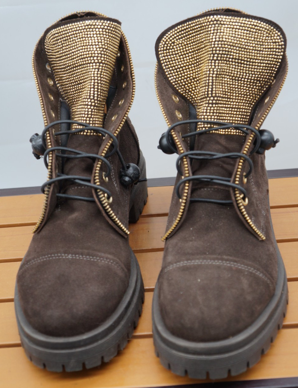 Michele Lopriore 275 Central Lace Up Studded Crystal Combat Ankle Boots Suede 41